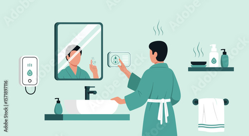Modern Bathroom With Integrated Smart Technology And A Person In A Robe