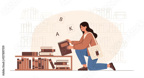 Woman Arranging Books In A Cozy Bookstore Or Home Library Illustration