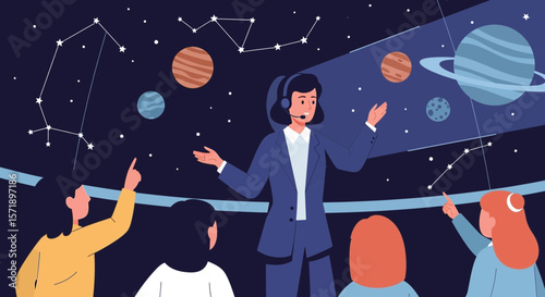 Planetarium Guide Explaining Constellations And Planets To Curious Students Visitors