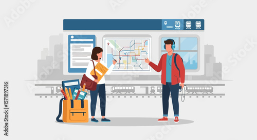 Planning Route On Public Transportation Using Map And Headphones At Station