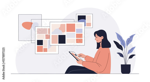 Woman Creates Digital Content On Her Tablet With Style Guide Reference