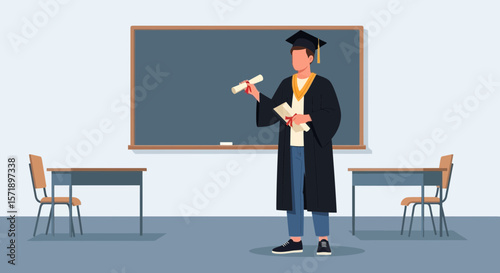 Pleased Graduate In Gown Holds Diploma Standing In Empty Classroom Achieving Goals