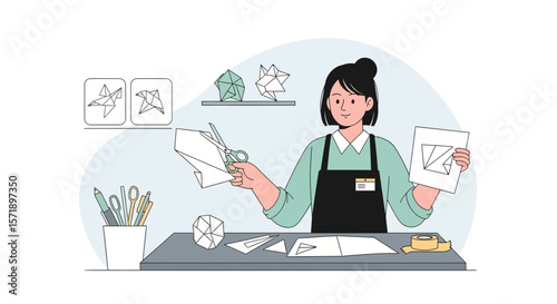 Woman Creates Origami Art In Her Studio With Cutting And Folding Paper