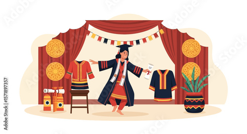 Happy Graduate Girl Showcasing Traditional Clothes, Graduation Celebration Ceremony