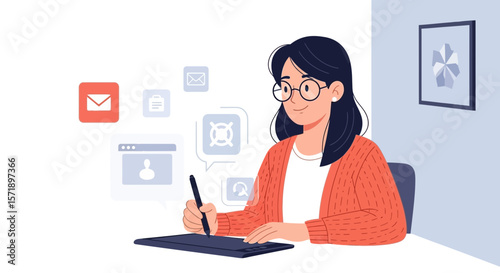 Woman Creating Digital Content Using Tablet With Stylus In Office Space