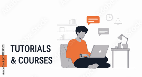 Modern Man Enjoying Tutorials And Courses While Using Laptop In Living Room