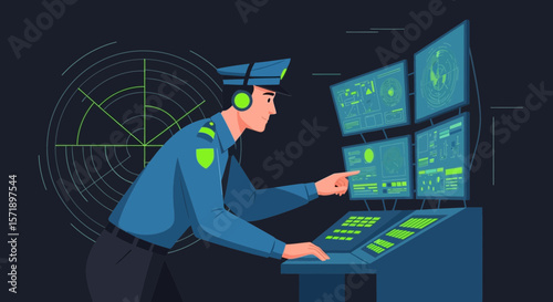 Police Officer Monitoring System With Screens And Radar Illustration