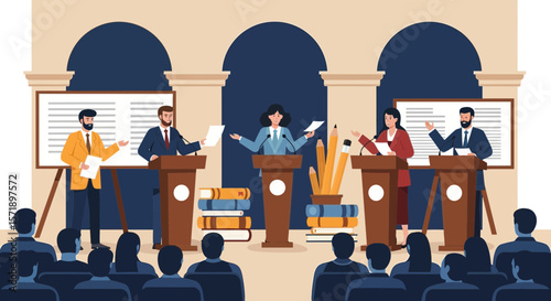 Political Debate Candidates Discussing Policy Before Audience Gathering Education Forum