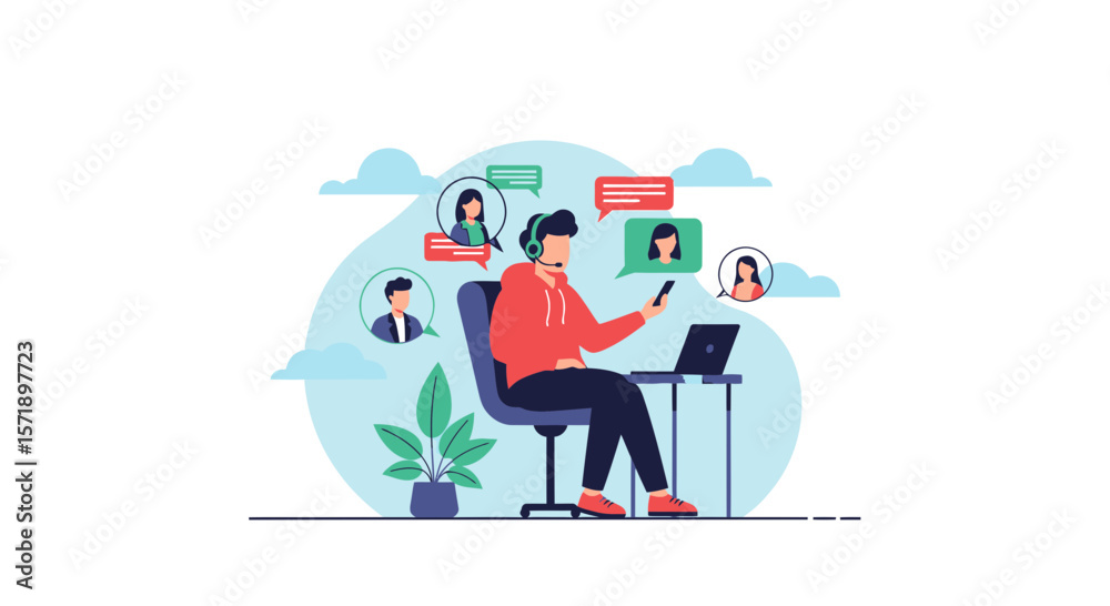 Fototapeta premium Modern Remote Communication And Online Meeting Concept Vector Illustration