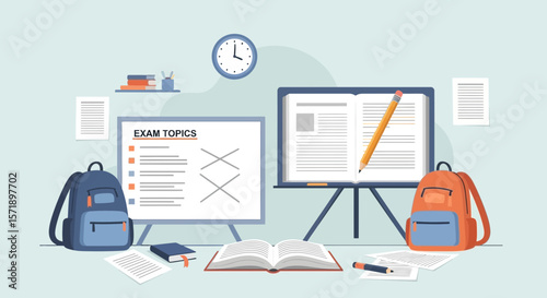 Preparation For Student Examination With Study Materials And Stationary Elements