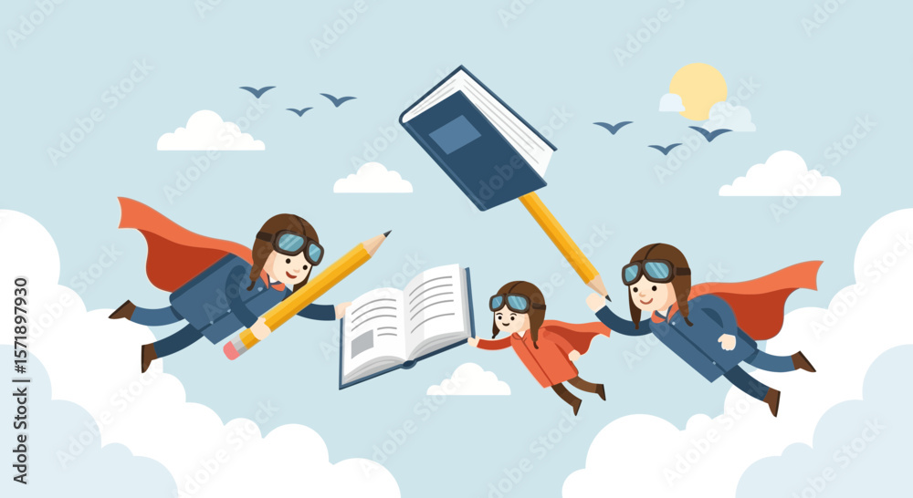 Fototapeta premium Heroes Of Education Flying Through Sky With Pencils And Book To Success Destination