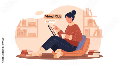Woman Enjoys Virtual Club On Tablet At Home During Leisure Reading Time