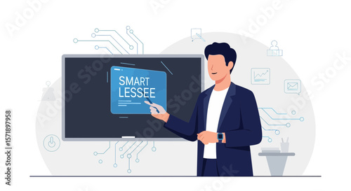 Presenter Explaining Smart Lease Software on a Touchscreen With Futuristic Technology