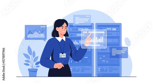 Woman Examining Data Center Operations Displaying Statistical Analysis Graphics
