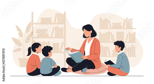 Storytelling Session In Library With Children And Teacher Illustration