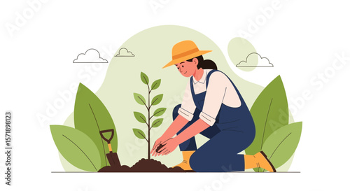 Woman Gardener Planting Young Tree Sapling Outdoors In An Environmentally Conscious Way