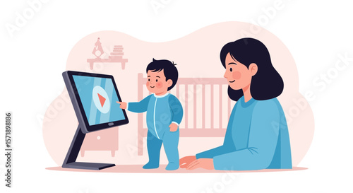 Mother And Child Bonding Over Educational Video On Digital Tablet Device