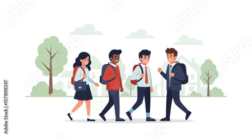 Multicultural Students Commuting Together To School In Uniform On Path Cartoon