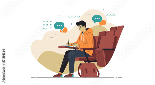 Student Attending A Lecture In An Auditorium Writing With Speech Bubbles Illustration