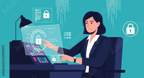 Woman Interacting With Futuristic Security System Interface For Cyber Protection