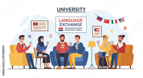 Multicultural Students Play Card Games During International Language Exchange Program