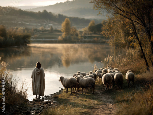A serene, symbolic representation shows a shepherd, possibly representing Jesus, tending his flock of sheep by a peaceful lake, against a backdrop of mountains.