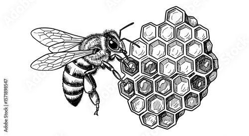 Vintage sketch doodle bee and honeycomb