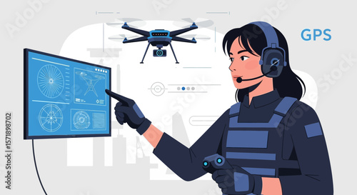 Woman Monitors Drone Control Panel With Gps Technology For Security And Surveillance