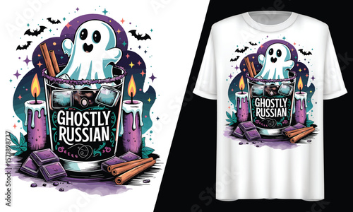 Ghostly Russian, Spooky Ghost with a Halloween Cocktail, T-Shirt Design.