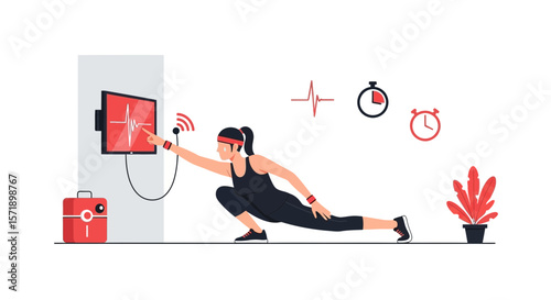 Woman Performing Lunges While Monitoring Heart Rate Data On A Display Monitor