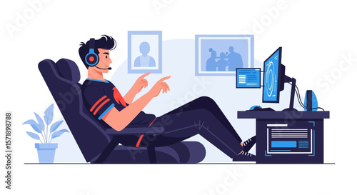 Professional Gamer Concentrated On His Monitor Display In Comfortable Chair Illustration