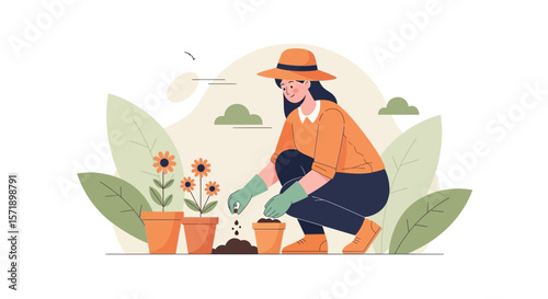 Woman Planting Flowers Gardening Hobby Cultivating Plants And Enjoying Nature