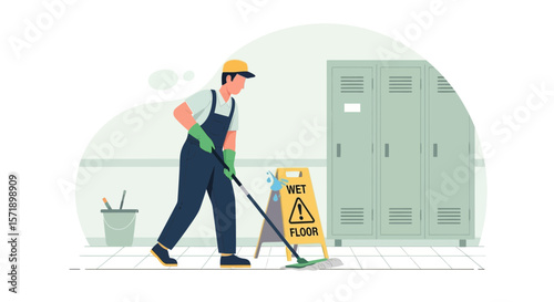Professional Janitor Mopping Floor In Locker Room Ensuring Safety And Cleanliness
