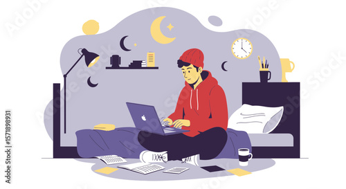 Student Working On Laptop At Night From Dormitory Bed Staying Up Late