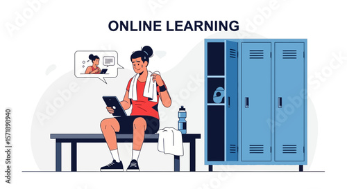 Student Using Tablet During Online Learning In The Locker Room After Exercise