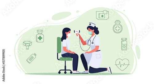 Nurse Examining Patient With Non Contact Thermometer In Clinic For Health Illustration