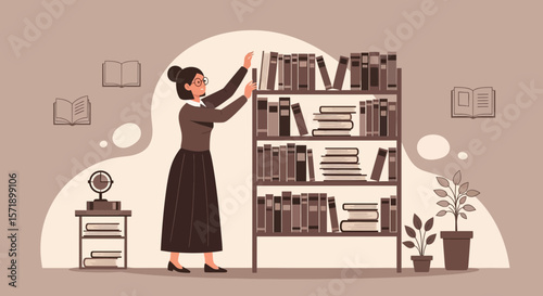 Woman Reaching For Book On Bookshelf In Library Cartoon Flat Design