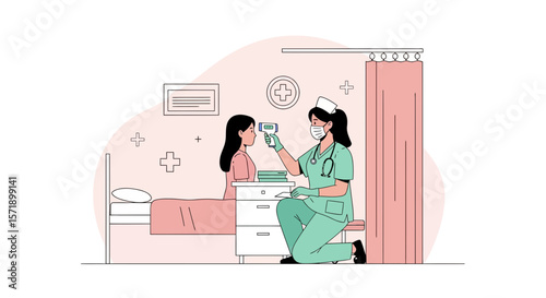 Nurse Measures Patient's Temperature In The Clinic Using Modern Equipment