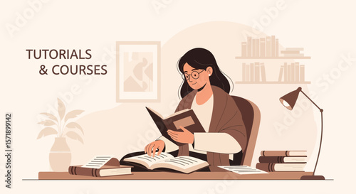Woman Reading Book In Home Office For Self Education And Online Courses