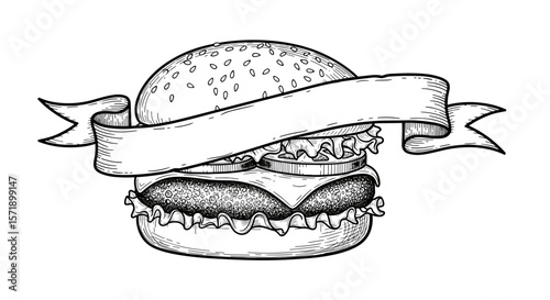  Vintage sketch doodle classic burger with blank ribbon banner