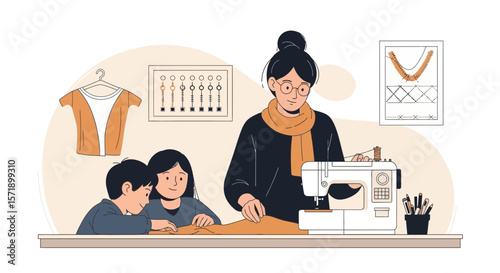 Woman Sewing With Her Children At Home Making Clothes In Family Time