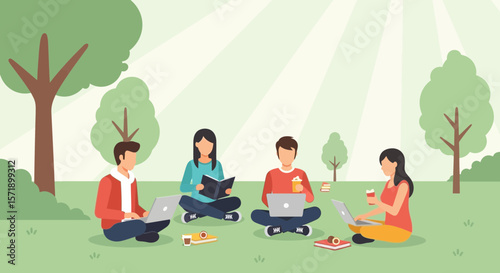 Students Enjoying Outdoor Learning And Relaxing Together In A Park Illustration