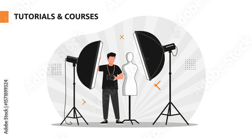 Professional Photographer With Two Softboxes Posing A Mannequin For A Photo Shoot