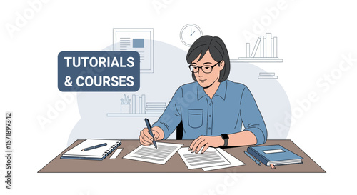 Woman Studying Tutorials And Courses Online In Home Office Workspace