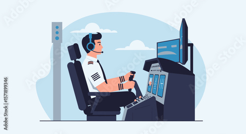 Professional Pilot Operating Flight Simulator Cockpit For Training Purposes Vector Illustration