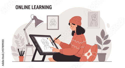 Online Art Course Young Woman Studying Painting Digital Illustration From Home