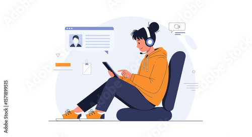 Woman Uses Tablet For Online Communication Seated In A Chair And Wearing Headphones