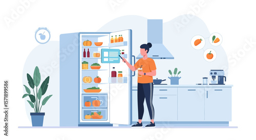 Woman Using Smart Fridge To Track Fresh Food, Healthy Diet And Kitchen Interior