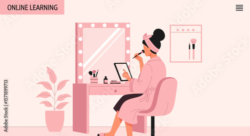 Online Beauty Tutorial: Woman Learns Makeup Skills From Digital Course At Home