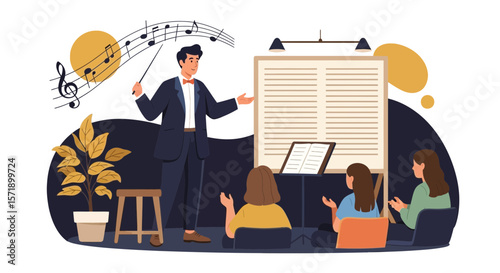 Inspiring Music Conductor Leading Orchestra Rehearsal With Students in Classroom Setting